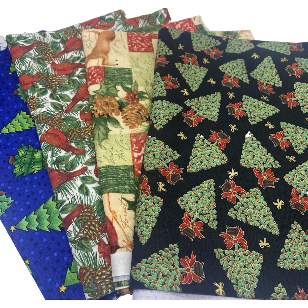 Christmas Remnant Fabric Lot Birds Trees & More Susan Winget Black Blue 4 Yards
